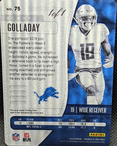 KENNY GOLLADAY 2019 Panini Absolute PRINTING PLATE SP #1/1 Lions Giants One of