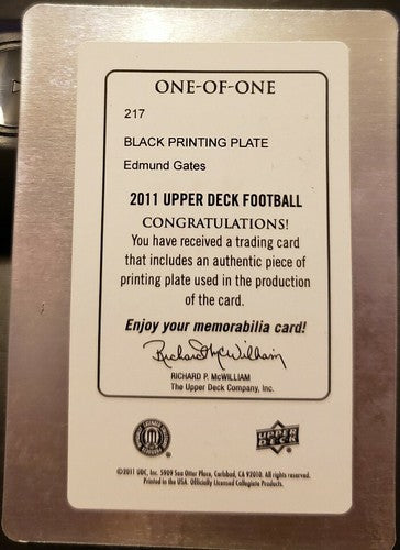 EDMUND CLYDE GATES 2011 Upper Deck Rookie PRINTING PLATE SP #1/1 of 1 Dolphins