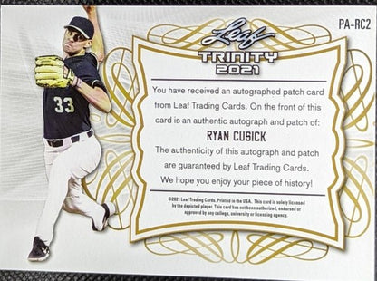 RYAN CUSICK 2021 Leaf Trinity DUAL AUTO Jersey BUTTON PATCH Purple /25 Braves As