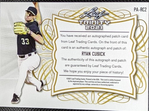 RYAN CUSICK 2021 Leaf Trinity DUAL AUTO Jersey BUTTON PATCH Purple /25 Braves As
