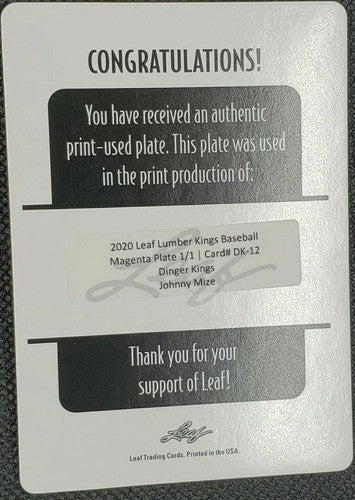 JOHNNY MIZE 2020 Leaf Lumber Kings PRINTING PLATE #1/1 Cardinals Yankees Giants
