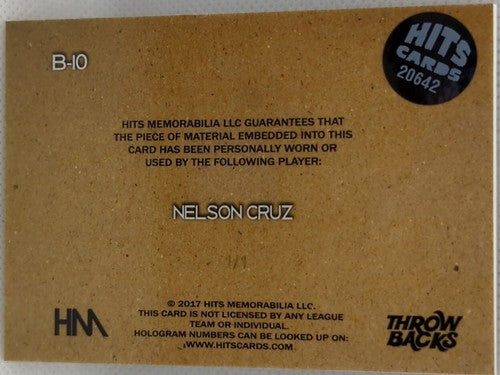 NELSON CRUZ 2017 Hits Memorabilia Game Used All-Star Jersey BUTTON PATCH #1/1 of