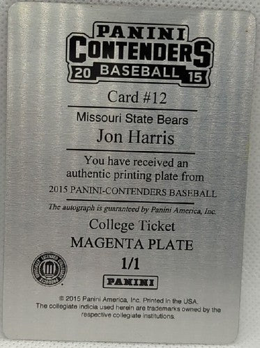 JON HARRIS 2015 Panini Contenders RC AUTO PRINTING PLATE SP 1/1 Blue Jays MSU of