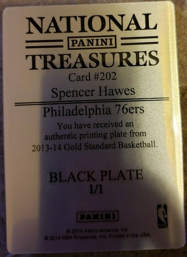 SPENCER HAWES 2013-14 Panini Gold Standard PRINTING PLATE SP 1/1 of Sixers 76ers