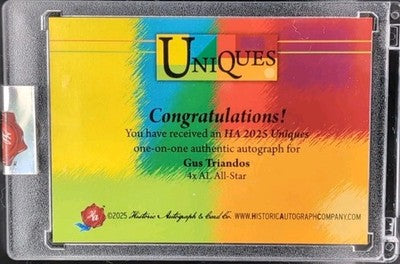 GUS TRIANDOS 2025 Historic Uniques All-Star CUT AUTO SP #1/1 of Yankees Orioles