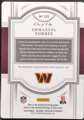 EMMANUEL FORBES 2023 Panini National Treasures RC AUTO PRINTING PLATE #1/1 Rams