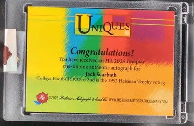JACK SCARBATH 2025 Historic HA Uniques CUT AUTO SP #1/1 of Steelers Maryland HoF
