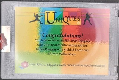 LARRY DIERKER 2025 HA Uniques CUT AUTO SP #1/1 Colt .45s Astros Willie Mays HR