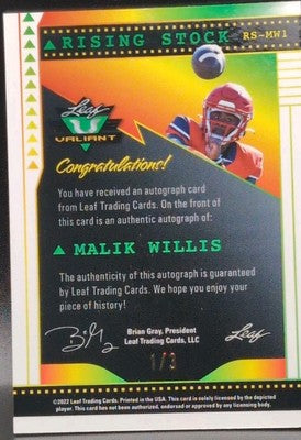 MALIK WILLIS 2022 Leaf Valiant Rising Stock RC AUTO Black SP #1/3 Titans Packers