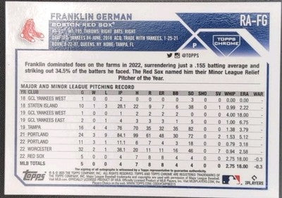 FRANKLIN GERMAN 2023 Topps Chrome Update RC AUTO Blue Refractor SP #/150 Red Sox