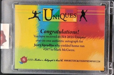 JERRY SPRADLIN 2025 Historic Uniques CUT AUTO SP #1/1 Reds Phillies Mark McGwire