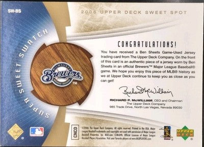 BEN SHEETS 2006 Upper Deck Sweet Spot Super Swatch GAME USED JERSEY #/75 Brewers