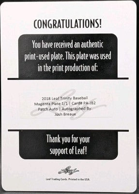 JOSH BREAUX 2018 Leaf Trinity Patch AUTO PRINTING PLATE SP #1/1 Yankees Phillies
