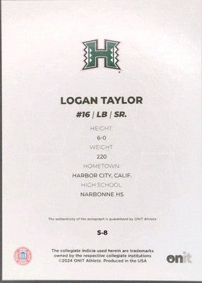 LOGAN TAYLOR 2024 Onit Signature Series AUTO SP /120 Hawaii Rainbow Warriors S-8