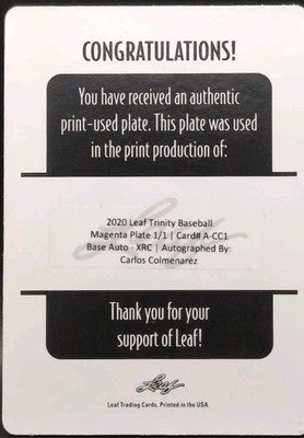 CARLOS COLMENAREZ 2020 Leaf Trinity RC AUTO PRINTING PLATE 1/1 of Tampa Bay Rays