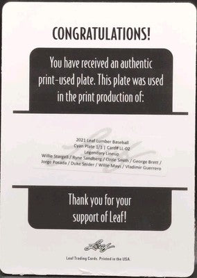 Willie MAYS Ryne SANDBERG GUERRERO POSADA + 2021 Leaf Lumber PRINTING PLATE #1/1