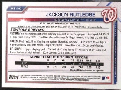 JACKSON RUTLEDGE 2021 Topps Transcendent VIP PARTY Bowman Chrome #1/1 Nationals