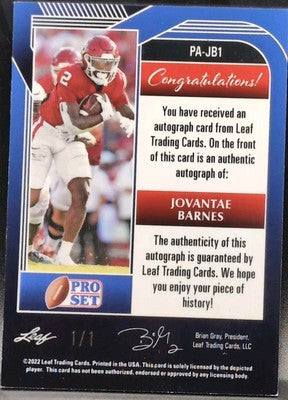 JOVANTAE BARNES 2022 Leaf Pro Set Metal AUTO Gold Mojo SP #1/1 Oklahoma Sooners