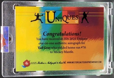 TED GRAY 2025 Historic HA Uniques CUT AUTO #1/1 Tigers Yankees Mickey Mantle HR