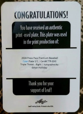 ETHAN HOLLIDAY 2024 Leaf Press Pass Premium AUTO PRINTING PLATE 1/1 Matt Jackson