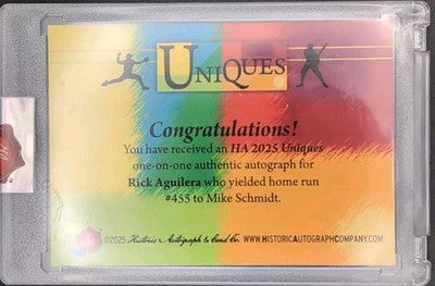 RICK AGUILERA 2025 Historic HA Uniques CUT AUTO #1/1 Mets Twins Mike Schmidt HR
