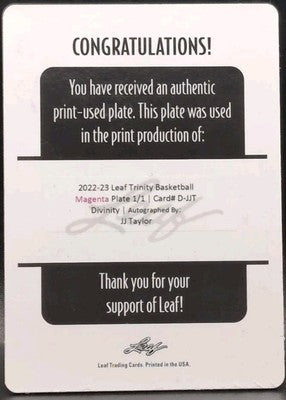 JJ Taylor 2022-23 Leaf Trinity Divinity AUTO PRINTING PLATE SP #1/1 Memphis UCF