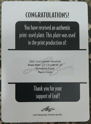 RUSTY STAUB 2021 Leaf Lumber Nickname Fame PRINTING PLATE #1/1 Mets Expos Astros