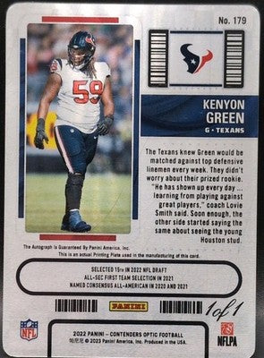 KENYON GREEN 2022 Panini Contenders Optic RC AUTO PRINTING PLATE SP #1/1 Texans