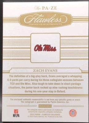 ZACH EVANS 2023 Panini Flawless Collegiate RC AUTO JERSEY PATCH #/20 Rams Rebels
