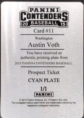 AUSTIN VOTH 2015 Panini Contenders Ticket AUTO PRINTING PLATE SP #1/1 Nationals
