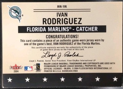 IVAN RODRIGUEZ 2004 Fleer Showcase GAME-WORN USED JERSEY Relic SP Marlins Pudge