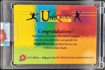 WAITE HOYT 2025 Historic HA Uniques CUT AUTO #1/1 of Yankees Giants Babe Ruth HR