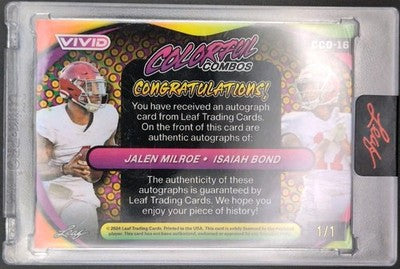 Jalen MILROE Isaiah BOND 2024 Leaf Vivid DUAL RC AUTO Red #1/1 Seahawks Alabama