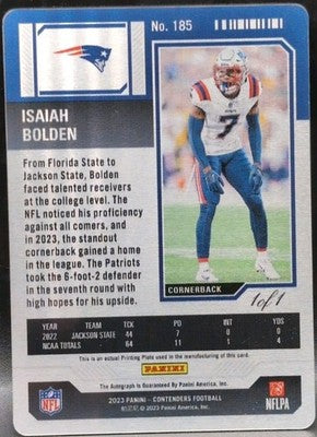 ISAIAH BOLDEN 2023 Panini Contenders RC Ticket AUTO PRINTING PLATE #1/1 Patriots