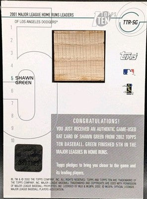 SHAWN GREEN 2002 Topps 10 Ten Relics GAME-USED BAT Dodgers Blue Jays DBacks Mets