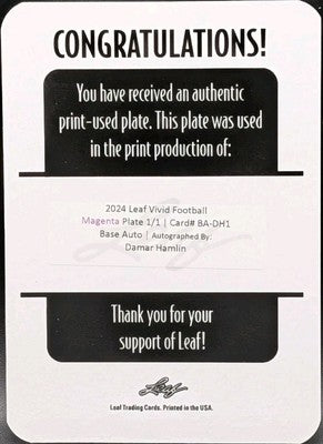 DAMAR HAMLIN 2024 Leaf Vivid AUTO PRINTING PLATE SP 1/1 Buffalo Bills Pittsburgh