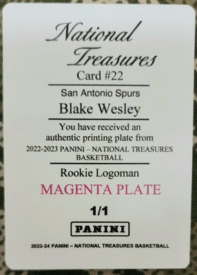 BLAKE WESLEY 2022-23 Panini National Treasures LOGOMAN PRINTING PLATE #1/1 Spurs