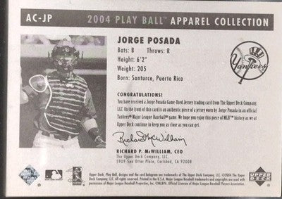 JORGE POSADA 2004 UD Play Ball Apparel Collection GAME-USED JERSEY Relic Yankees