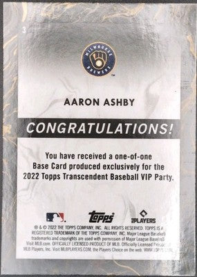 AARON ASHBY 2022 Topps Transcendent Collection VIP PARTY #1/1 Milwaukee Brewers