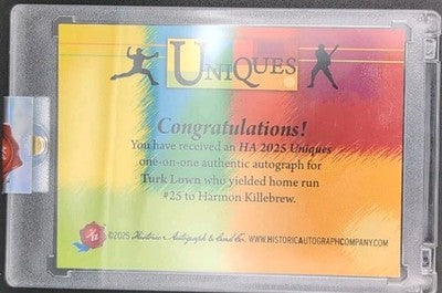 TURK LOWN 2025 Historic HA Uniques CUT AUTO SP 1/1 Cubs Reds Harmon Killebrew HR