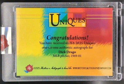 DICK DRAGO 2025 Historic Uniques CUT AUTO #1/1 Red Sox Angels Hank Aaron HR #755