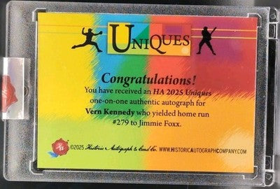 VERN KENNEDY 2025 Historic HA Uniques CUT AUTO #1/1 White Sox Tigers Jimmie Foxx