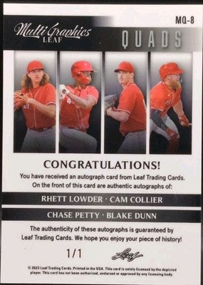 Cam COLLIER Chase PETTY Rhett LOWDER DUNN 2023 Leaf Eclectic QUAD AUTO #1/1 Reds