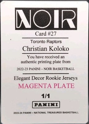 CHRISTIAN KOLOKO 2022-23 Panini Noir Elegant Decor PRINTING PLATE SP 1/1 Raptors
