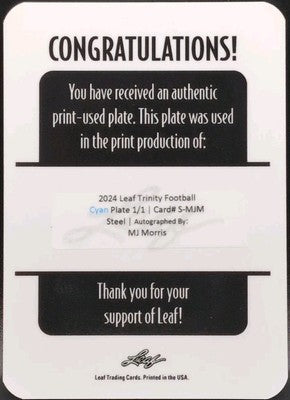 MJ MORRIS 2024 Leaf Trinity AUTO PRINTING PLATE SP 1/1 Coastal Carolina Maryland