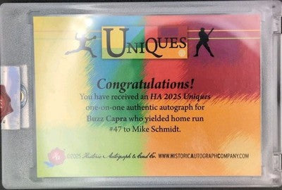 BUZZ CAPRA 2025 Historic HA Uniques CUT AUTO SP #1/1 Braves Mets Mike Schmidt HR