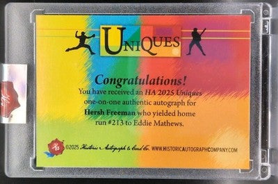 HERSH FREEMAN 2025 Historic Uniques CUT AUTO 1/1 Red Sox Reds Cubs Eddie Mathews
