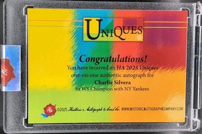 CHARLIE SILVERA 2025 Historic Uniques CUT AUTO #1/1 Yankees Cubs 6 WS Champion