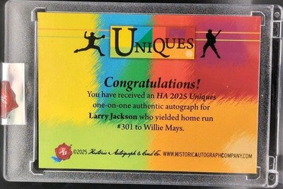 LARRY JACKSON 2025 Historic HA Uniques CUT AUTO #1/1 Cardinals Cubs Willie Mays