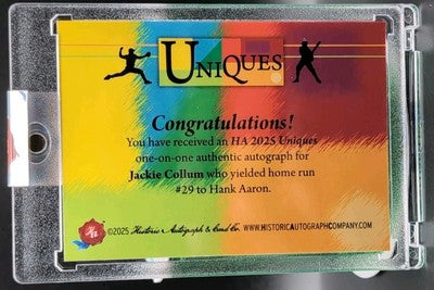 JACKIE COLLUM 2025 Historic HA Uniques CUT AUTO SP #1/1 Cardinals Hank Aaron HR